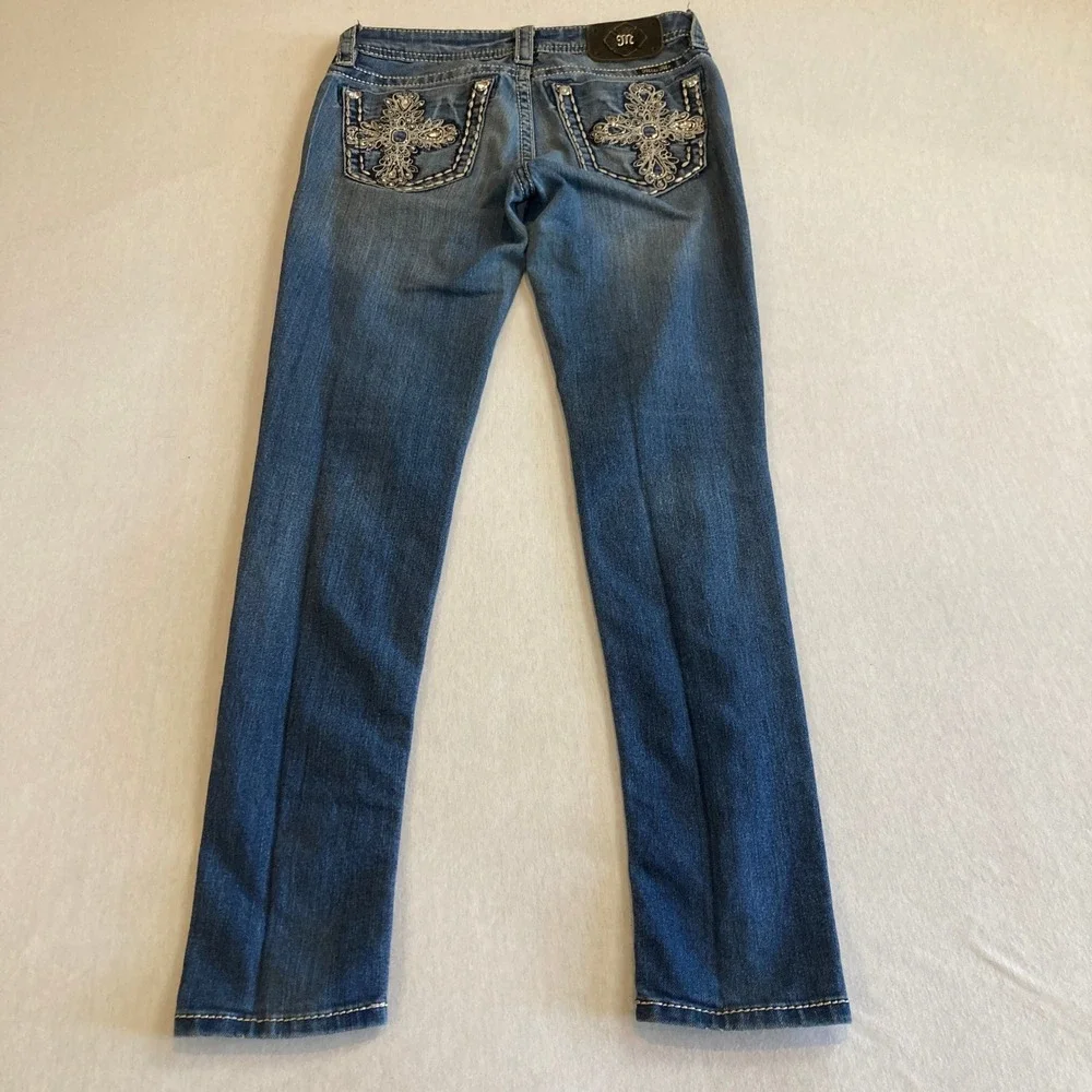 Miss Me Jeans 27 (Fit 27x29.5) Mid-Rise Skinny Jeans Blue Rhinestone Cross